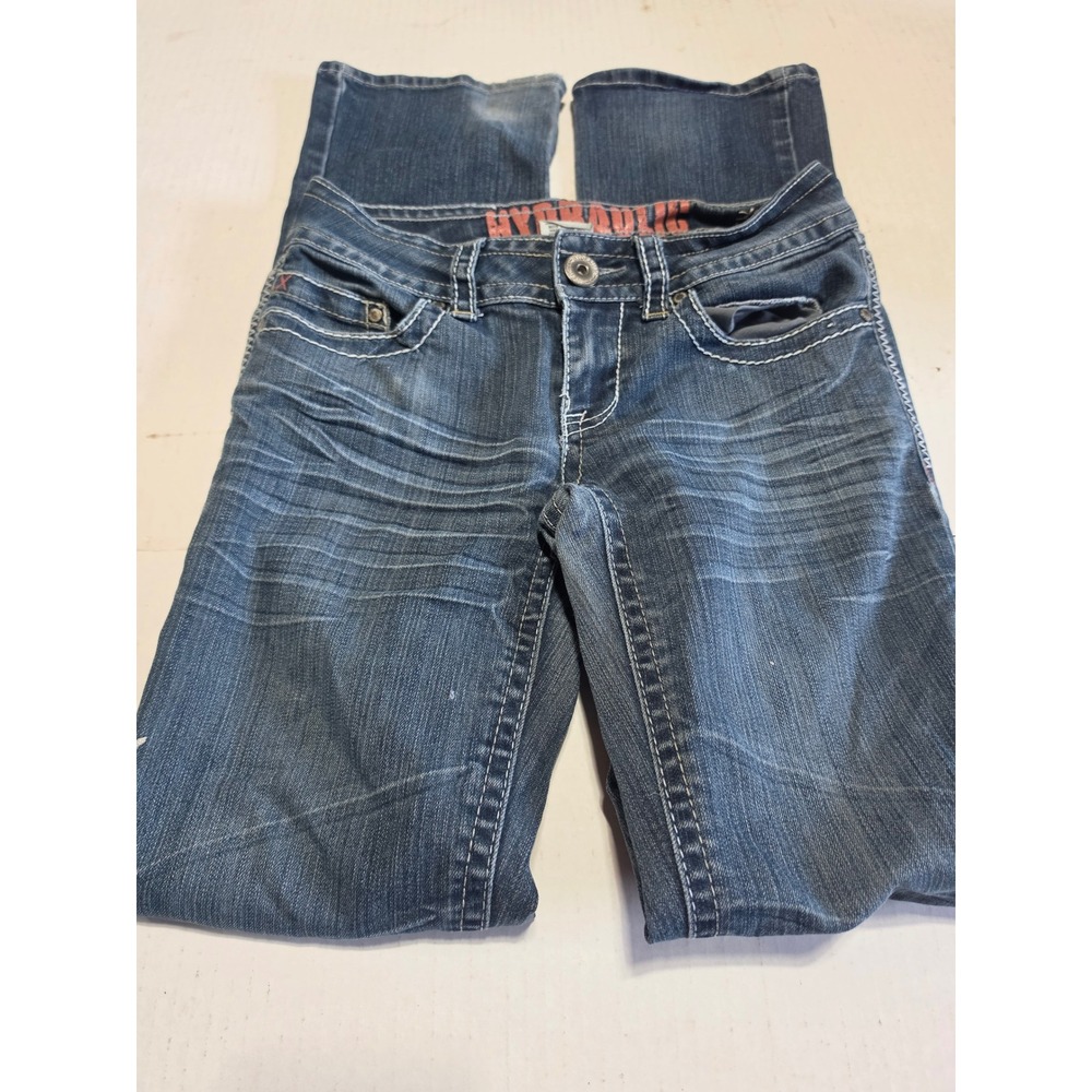 Hydraulic Lola Slim Boot Jeans Blue Medium Wash Embroidered Sequin Pockets 3/4